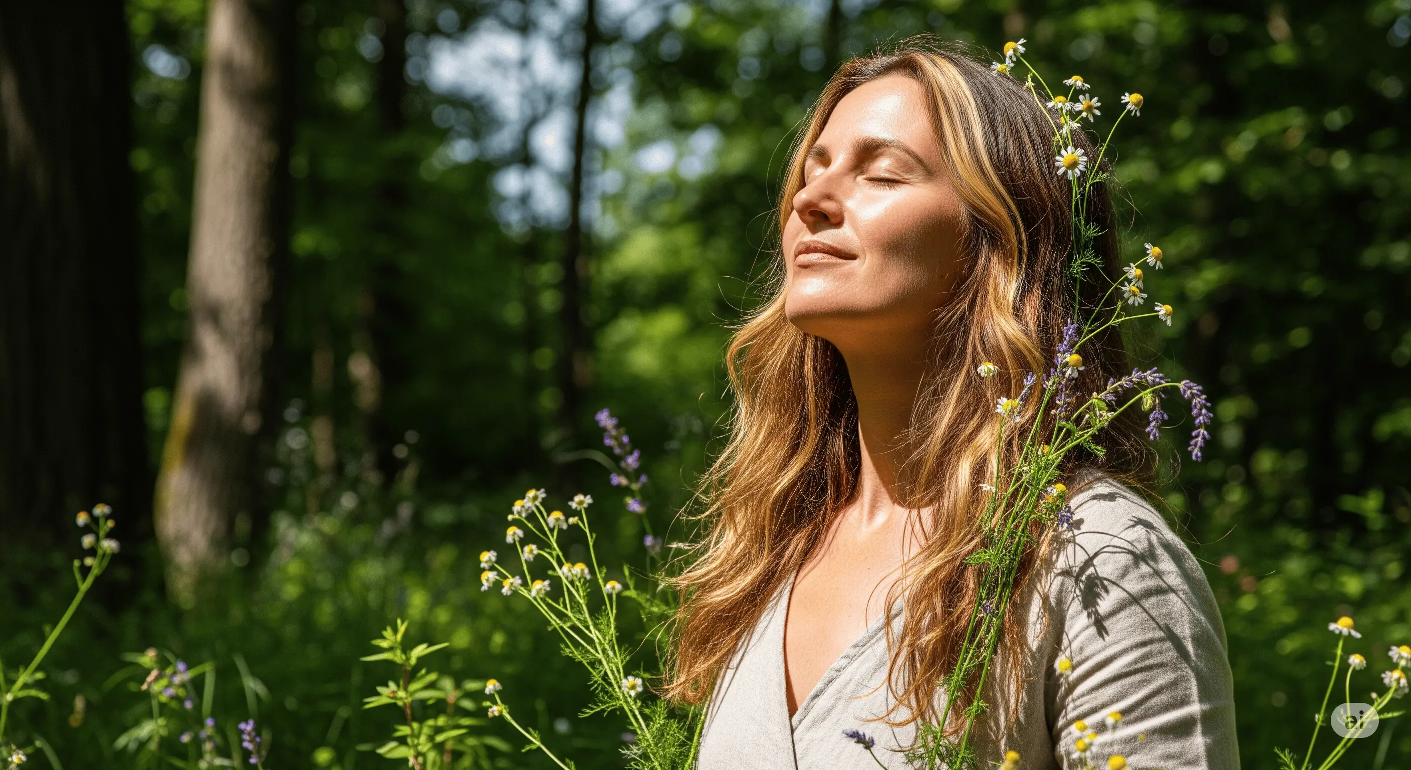 Mujer con piel radiante rodeada de naturaleza